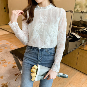 QIQI Women's Fashion Stylish Long Sleeves Elegant Vintage Floral Lace Blouse Top