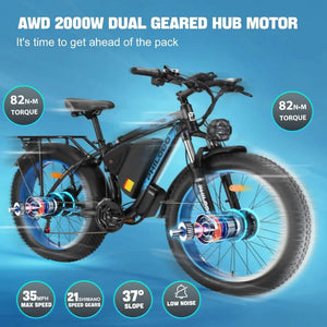 PHILODO Blue Electric Bike 48V 23AH Fat Tire Ebike Dual Motor AWD 2000W 35MPH Electric Bicycles 21-Speed with Ignition Lock Included