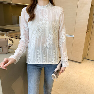 QIQI Women's Fashion Stylish Long Sleeves Elegant Vintage Floral Lace Blouse Top