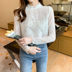 QIQI Women's Fashion Stylish Long Sleeves Elegant Vintage Floral Lace Blouse Top
