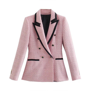 MING SUITS Women's Elegant Stylish Fashion Office Professional Woven Plaid Pink & Black Blazer Jacket - Divine Inspiration Styles