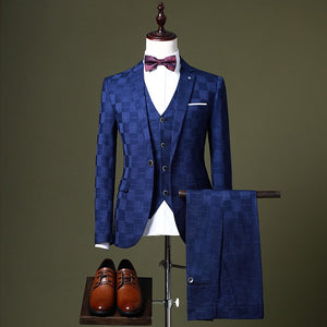TQSUITS Men's Premium Quality Jacket Vest & Pants 3 Piece Formal Wear Gray & Brown Plaid 1 Button Suit Set - Divine Inspiration Styles