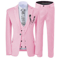 GMSUITS Men's Fashion Formal 3-Piece Suit Set Luxury Style Polka Dots Pink Suit Set (Jacket + Pants + Vest) Suit Set - Divine Inspiration Styles