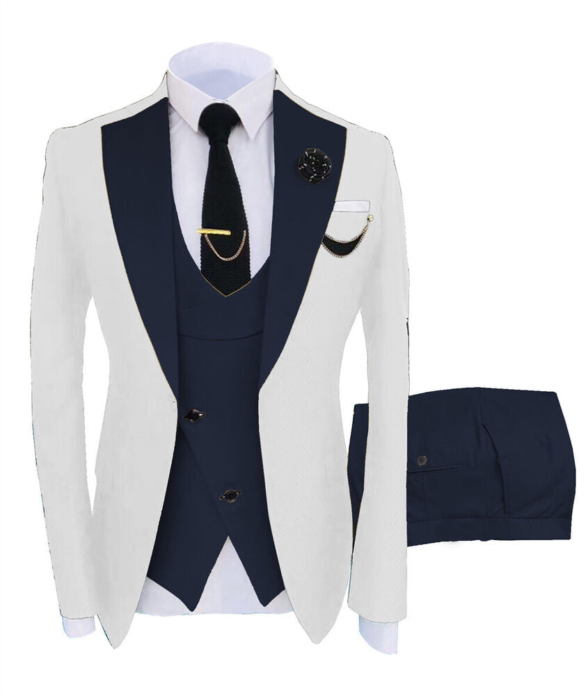 KENTON SUITS Men's Fashion Formal 3 Piece Tuxedo (Jacket + Pants + Vest) White & Navy Blue Suit Set