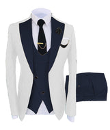 KENTON SUITS Men's Fashion Formal 3 Piece Tuxedo (Jacket + Pants + Vest) White & Navy Blue Suit Set