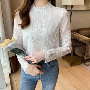 QIQI Women's Fashion Stylish Long Sleeves Elegant Vintage Floral Lace Blouse Top