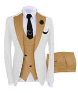 KENTON SUITS Men's Fashion Formal 3 Piece Tuxedo (Jacket + Pants + Vest) White & Brown Suit Set - Divine Inspiration Styles