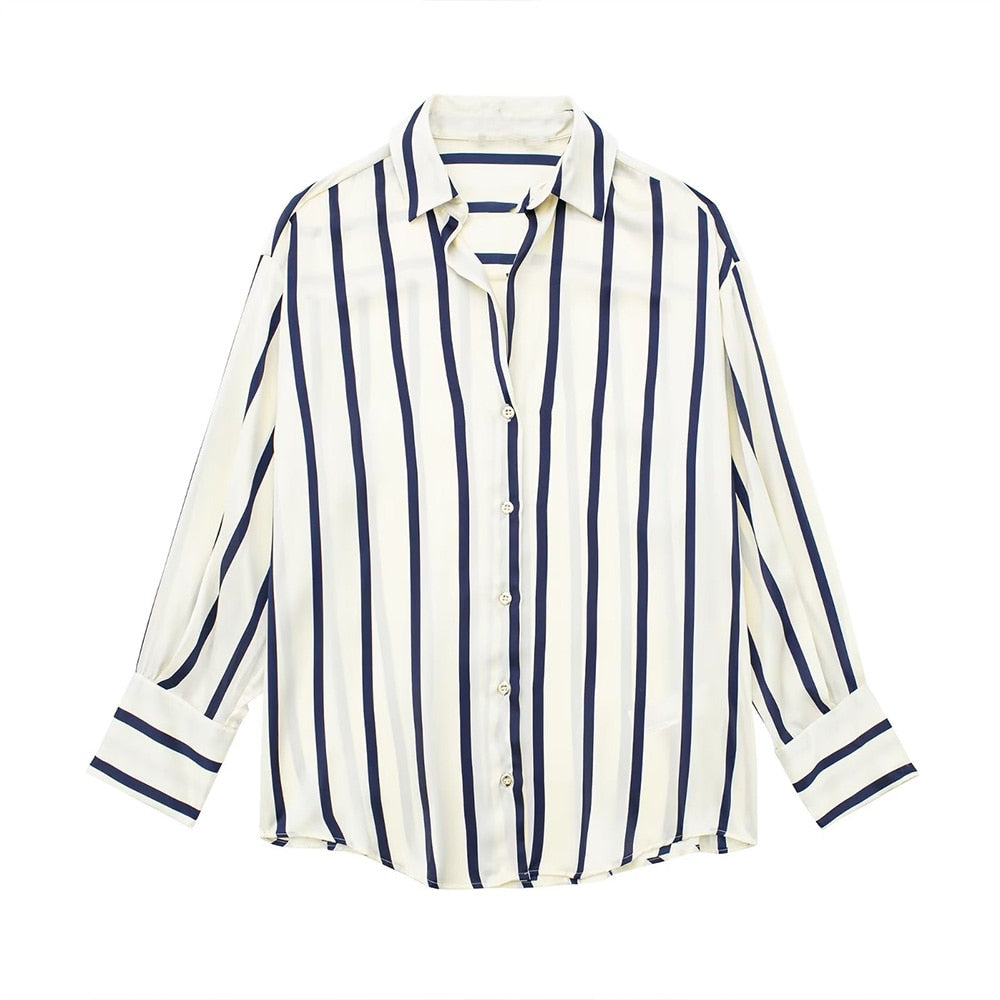 PBZA Women's Elegant Spring Summer Autumn Stylish Stripes Long Sleeve Dress Shirt