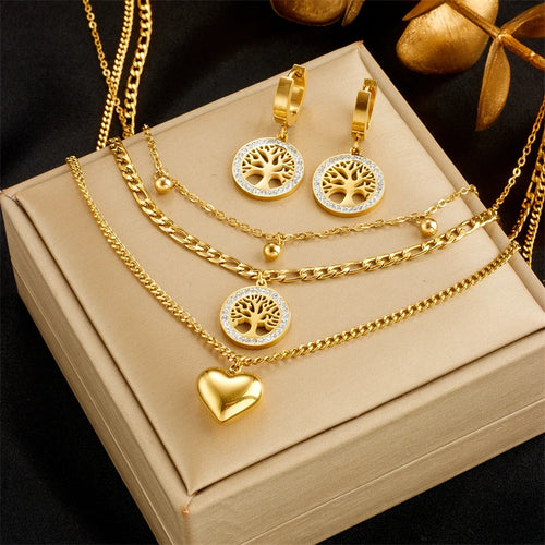 GOLDENSTAR Women's Fine Fashion Stylish Gold Plated Stainless Steel Tree of Life & Heart Shape Jewelry Set