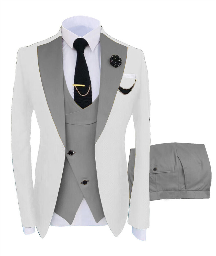 KENTON SUITS Men's Fashion Formal 3 Piece Tuxedo (Jacket + Pants + Vest) White & Silver Gray Suit Set