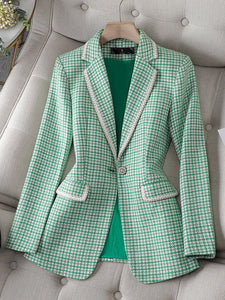 CAROLINE SUITS Women's Elegant Stylish Fashion Office Professional Woven Black Plaid Blazer Jacket