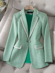 CAROLINE SUITS Women's Elegant Stylish Fashion Office Professional Woven Light Brown Carmel Plaid Blazer Jacket - Divine Inspiration Styles