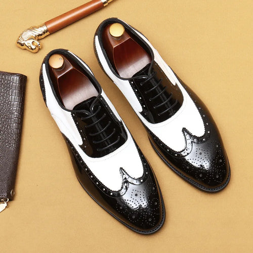 HXC Design Men's Genuine Leather Formal Business Black & White Dress Shoes - Divine Inspiration Styles