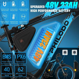 PHILODO Blue Electric Bike 48V 23AH Fat Tire Ebike Dual Motor AWD 2000W 35MPH Electric Bicycles 21-Speed with Ignition Lock Included