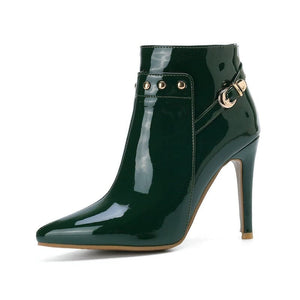 HARTFORD Design Women's Stylish Elegant Fashion Dark Green Glossy Studded Leather Stiletto Boot Shoes - Divine Inspiration Styles