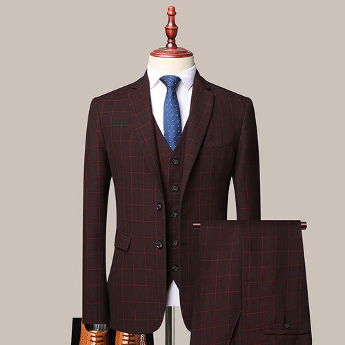 TQSUITS Men's Premium Quality Jacket Vest & Pants 3 Piece Formal Wear Black & Burgundy Red Plaid 2 Buttons Suit Set - Divine Inspiration Styles