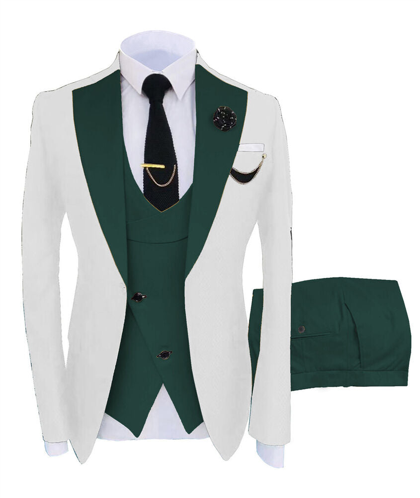 KENTON SUITS Men's Fashion Formal 3 Piece Tuxedo (Jacket + Pants + Vest) White & Emerald Green Suit Set