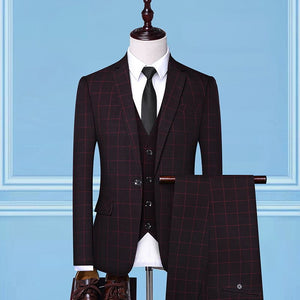 TQSUITS Men's Premium Quality Jacket Vest & Pants 3 Piece Formal Wear Burgundy Red Checkered 1 Button Suit Set - Divine Inspiration Styles