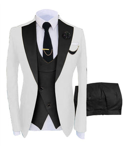 KENTON SUITS Men's Fashion Formal 3 Piece Tuxedo (Jacket + Pants + Vest) White & Black Suit Set