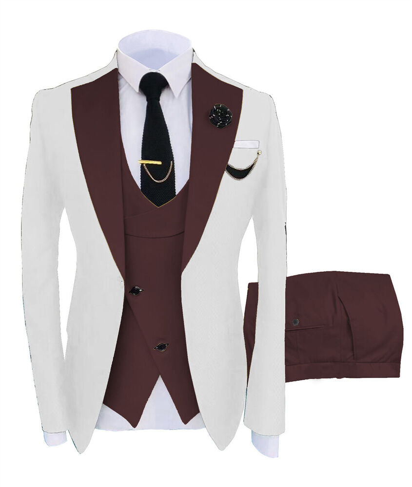 KENTON SUITS Men's Fashion Formal 3 Piece Tuxedo (Jacket + Pants + Vest) White & Burgundy Suit Set