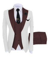 KENTON SUITS Men's Fashion Formal 3 Piece Tuxedo (Jacket + Pants + Vest) White & Burgundy Red Suit Set