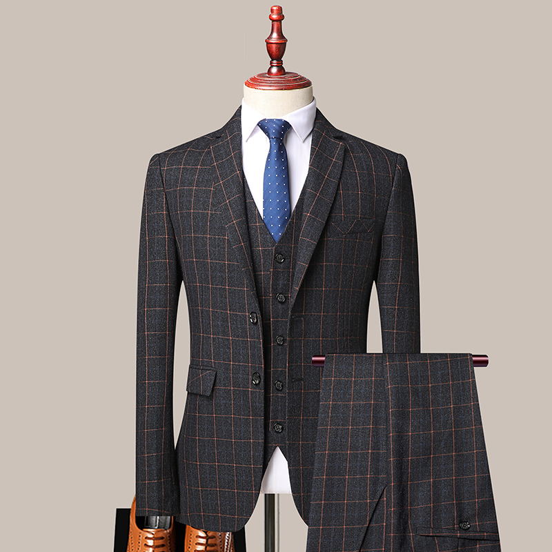 TQSUITS Men's Premium Quality Jacket Vest & Pants 3 Piece Formal Wear Gray & Brown Plaid 2 Buttons Suit Set - Divine Inspiration Styles