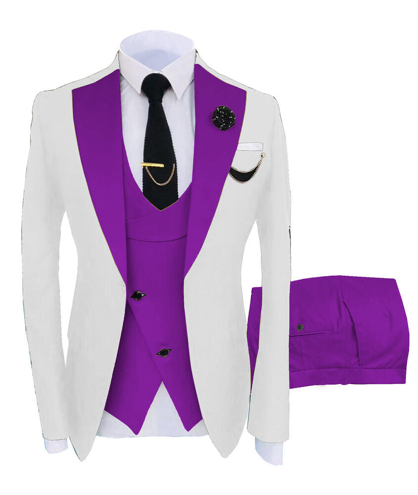 KENTON SUITS Men's Fashion Formal 3 Piece Tuxedo (Jacket + Pants + Vest) White & Bright Purple Suit Set - Divine Inspiration Styles