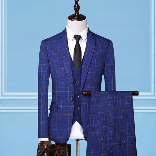 TQSUITS Men's Premium Quality Jacket Vest & Pants 3 Piece Formal Wear Royal Blue & Brown Plaid 1 Button Suit Set - Divine Inspiration Styles