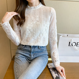 QIQI Women's Fashion Stylish Long Sleeves Elegant Vintage Floral Lace Blouse Top