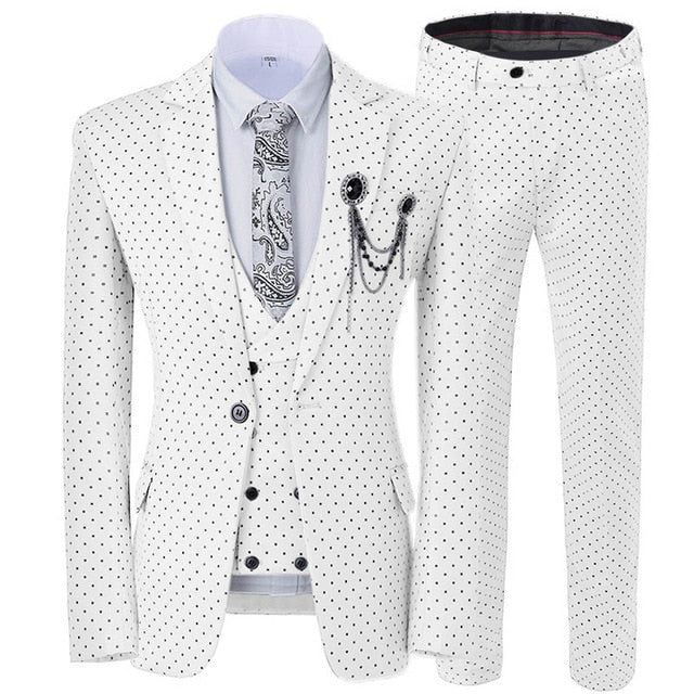 GMSUITS Men's Fashion Formal 3-Piece Suit Set Luxury Style Polka Dots White Suit Set (Jacket + Pants + Vest) Suit Set - Divine Inspiration Styles