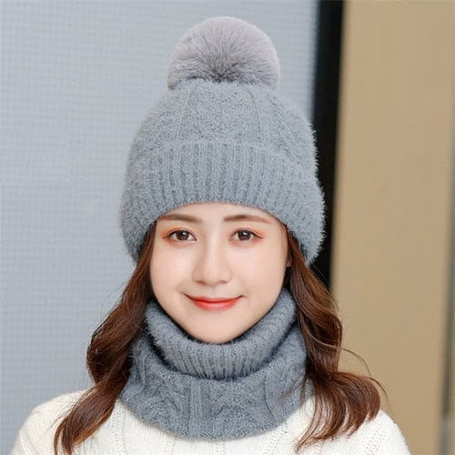 SPK Brand Women's Fashion Gray Autumn Winter Knitted Wool Cap & Infinity Scarf Set