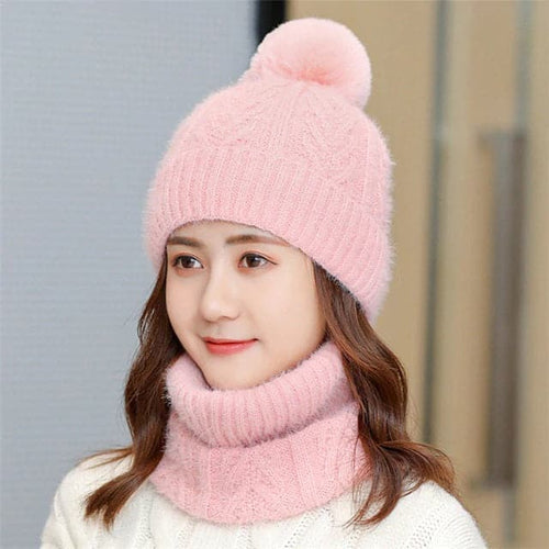 SPK Brand Women's Fashion Pink Autumn Winter Knitted Wool Cap & Infinity Scarf Set - Divine Inspiration Styles