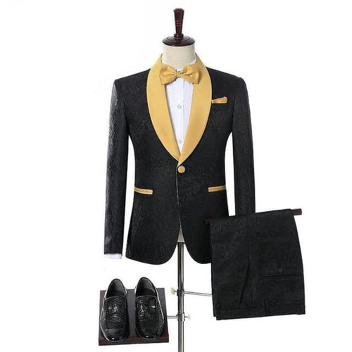 SZSUITS Men's Fashion Suit Sets With Pants Italian Tuxedo Polished Lapel Blazer Black & Gold Suit Set - Divine Inspiration Styles