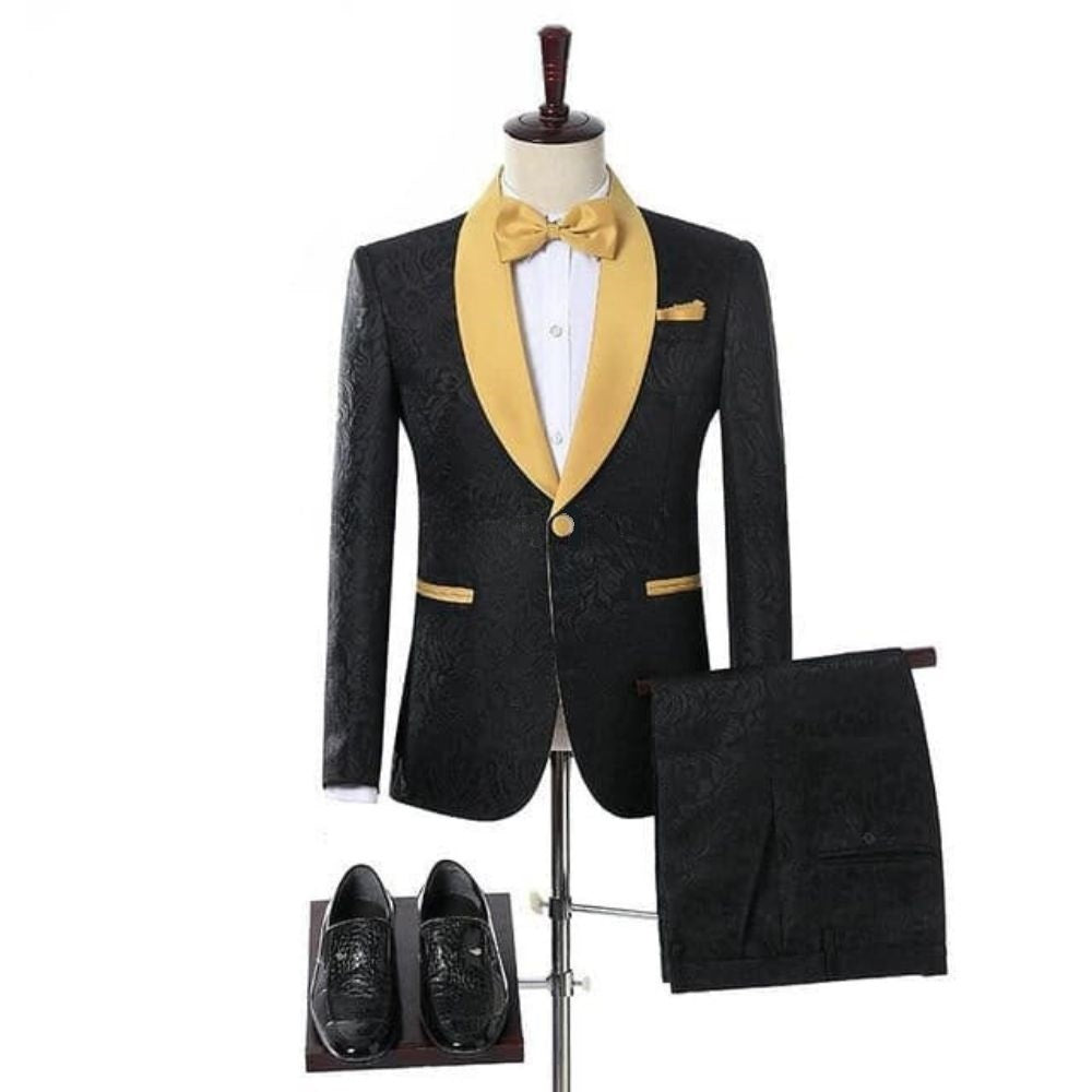 SZSUITS Men's Fashion Suit Sets With Pants Italian Tuxedo Polished Lapel Blazer Black & Gold Suit Set