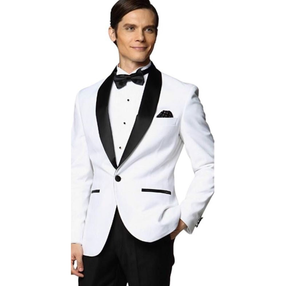 SZSUITS Men's Fashion Suit Sets with Tuxedo & Pants Polished Velvet Lapel Blazer White & Black Suit Set