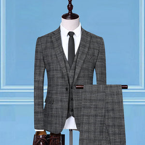 TQSUITS Men's Premium Quality Jacket Vest & Pants 3 Piece Formal Wear Gray & Brown Plaid 1 Button Suit Set - Divine Inspiration Styles