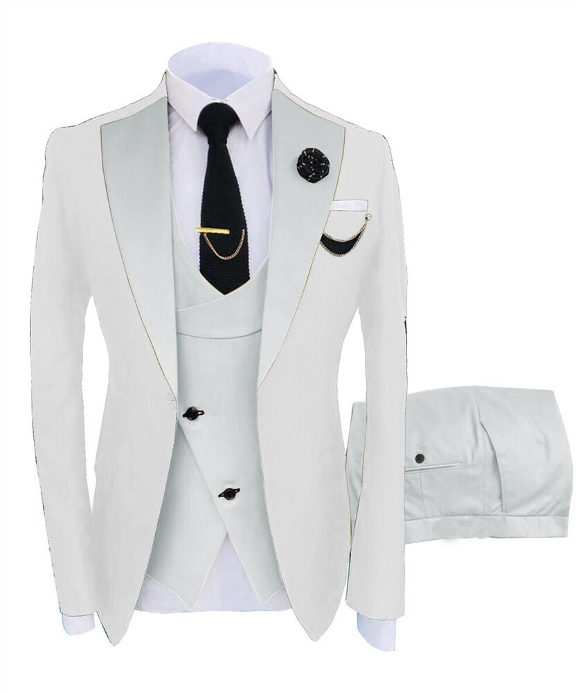 KENTON SUITS Men's Fashion Formal 3 Piece Tuxedo (Jacket + Pants + Vest) White Suit Set