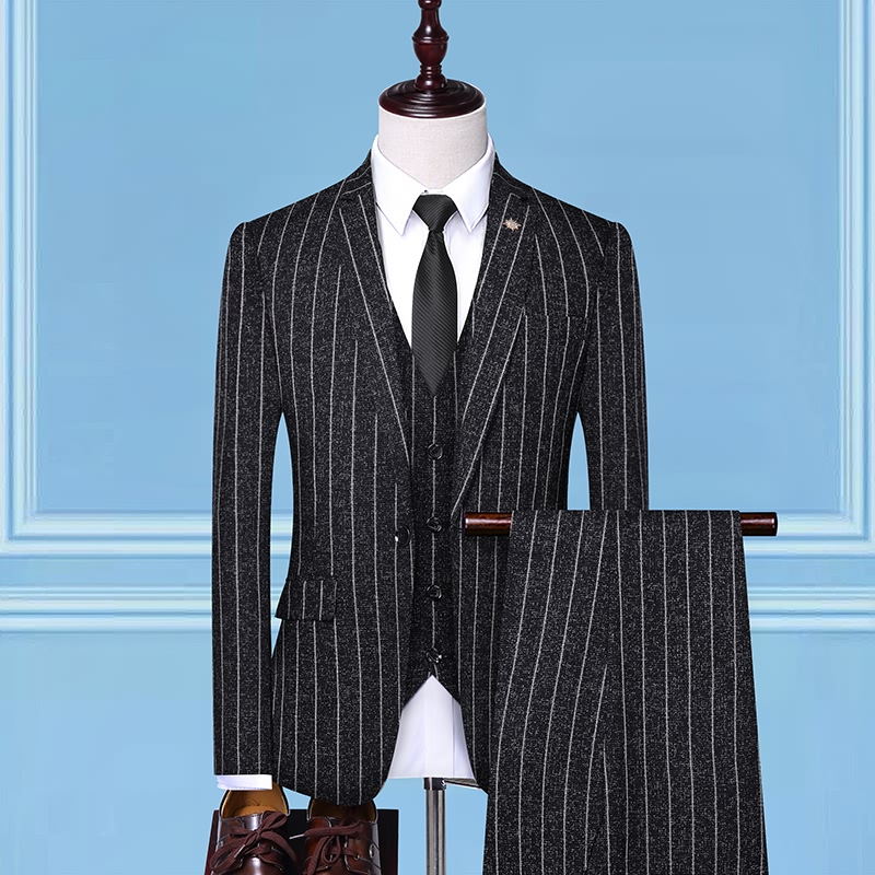 TQSUITS Men's Premium Quality Jacket Vest & Pants 3 Piece Formal Wear Black Pinstripes Suit Set - Divine Inspiration Styles
