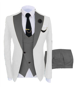 KENTON SUITS Men's Fashion Formal 3 Piece Tuxedo (Jacket + Pants + Vest) White & Black Suit Set