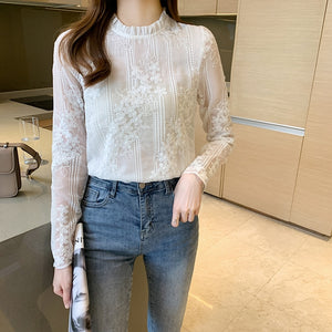 QIQI Women's Fashion Stylish Long Sleeves Elegant Vintage Floral Lace Blouse Top