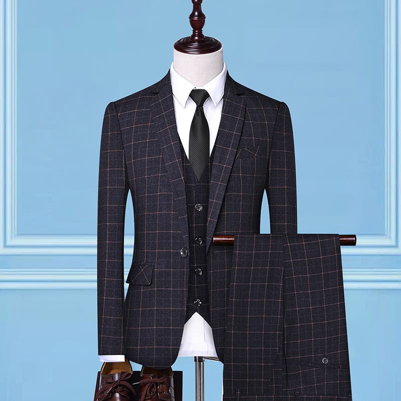 TQSUITS Men's Premium Quality Jacket Vest & Pants 3 Piece Formal Wear Gray & Brown Plaid 1 Button Suit Set - Divine Inspiration Styles