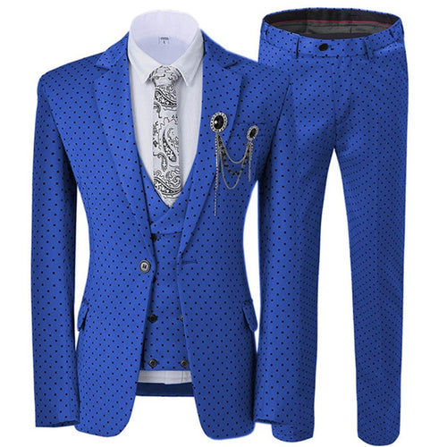 GMSUITS Men's Fashion Formal 3-Piece Suit Set Luxury Style Polka Dots Royal Blue Suit Set (Jacket + Pants + Vest) Suit Set - Divine Inspiration Styles