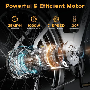 VELECTREC Electric Bicycle Fast Speed 1000W 48V 26" Black & White Smart Dual Motor EBike 25MPH Electric Cruiser & Mountain Bike