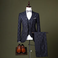 TQSUITS Men's Premium Quality Jacket Vest & Pants 3 Piece Formal Wear Black & Gray Checkered 1 Button Suit Set