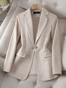 CAROLINE SUITS Women's Elegant Stylish Fashion Office Professional Woven Light Brown Carmel Plaid Blazer Jacket - Divine Inspiration Styles