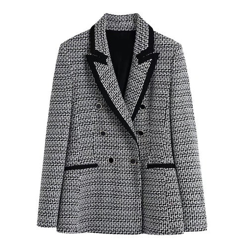MING SUITS Women's Elegant Stylish Fashion Office Professional Woven Plaid Gray & Black Blazer Jacket - Divine Inspiration Styles