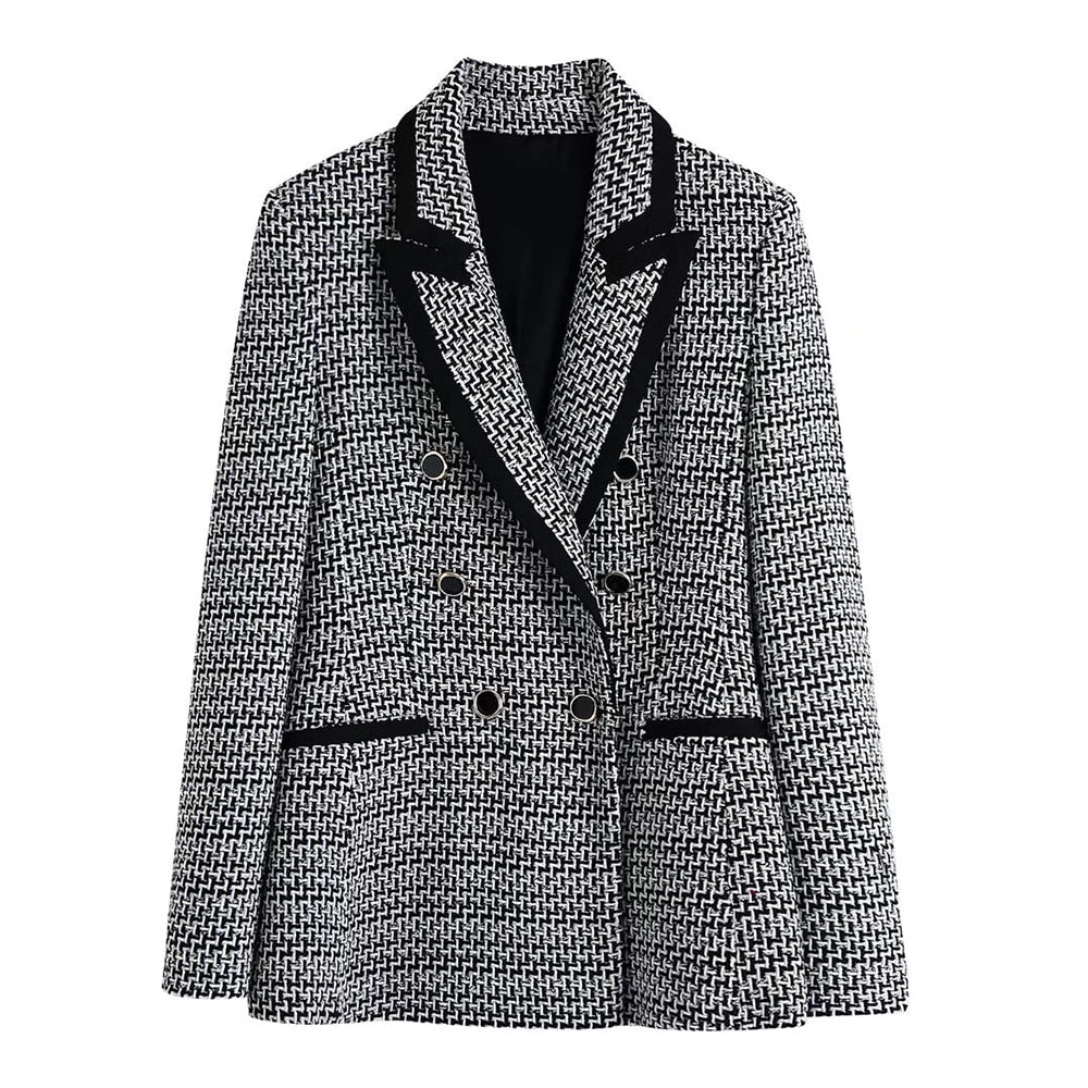 MING SUITS Women's Elegant Stylish Fashion Office Professional Woven Plaid Gray & Black Blazer Jacket