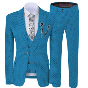 GMSUITS Men's Fashion Formal 3-Piece Suit Set Luxury Style Polka Dots Royal Blue Suit Set (Jacket + Pants + Vest) Suit Set - Divine Inspiration Styles