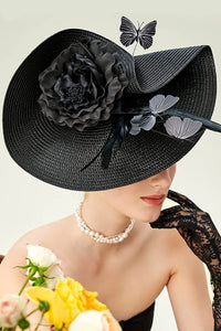 JQS Women's Fine Fashion Black Elegant Butterfly Flower Luxury Style Cocktail & Special Events Celebration Hat