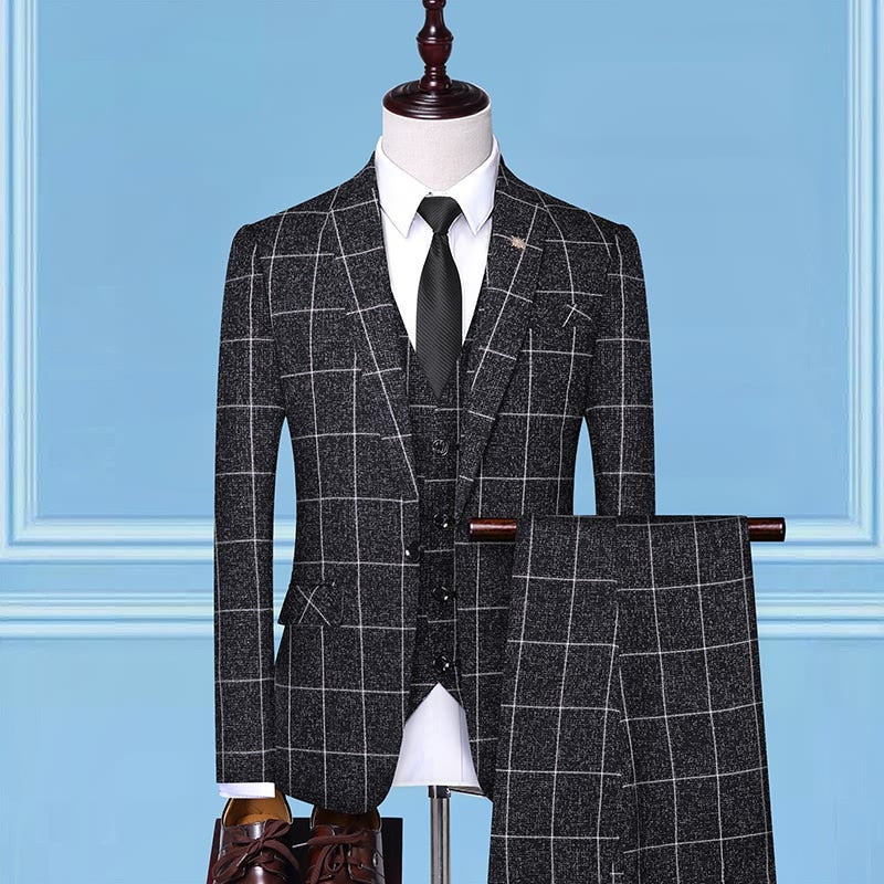 TQSUITS Men's Premium Quality Jacket Vest & Pants 3 Piece Formal Wear Black Plaid Suit Set - Divine Inspiration Styles